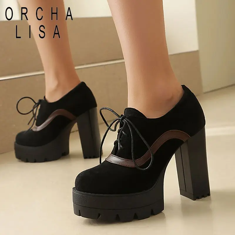 

Туфли-лодочки ORCHA LISA из замши с круглым носком, на каблуке 11 см и платформе 35 см, на шнуровке, в готическом стиле, для свиданий, большие размеры 44, 45, 46