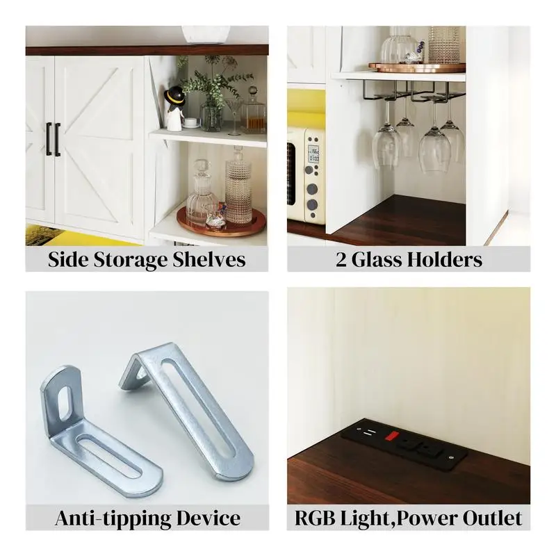 Aparador multifuncional de despensa de cozinha com armário, gaveta e suporte de vidro, suporte para micro-ondas com estação de carregamento para