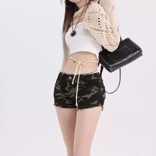 

Low Waist Camouflage Denim Shorts Female Summer Sexy Elastic Rough Edge A Word Cut Jeans Shorts Women