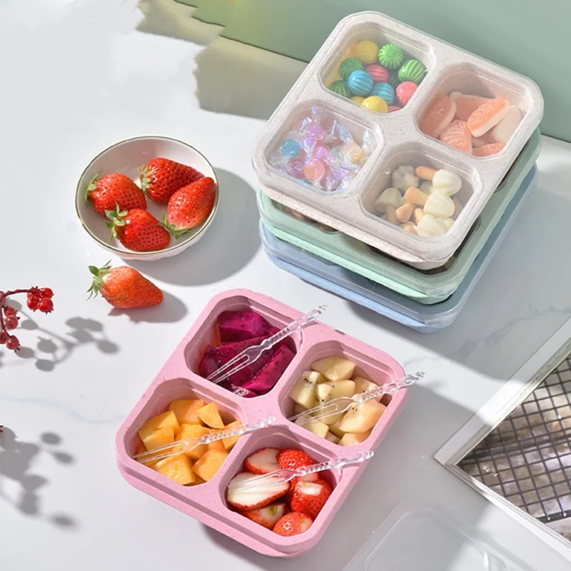 1Pcs Square Divider Bento Box Reusable 4-compartment Food Container Snack Nuts With Lid Wheat Straw Lunch Box Kitchen Supplies