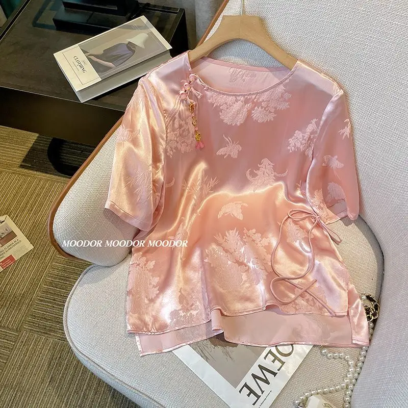 New Chinese Style Shirt Top Jacquard Satin T-Shirt Pink Glossy Round Neck Loose Blouse Summer Fashion Elegance Women's Clothing