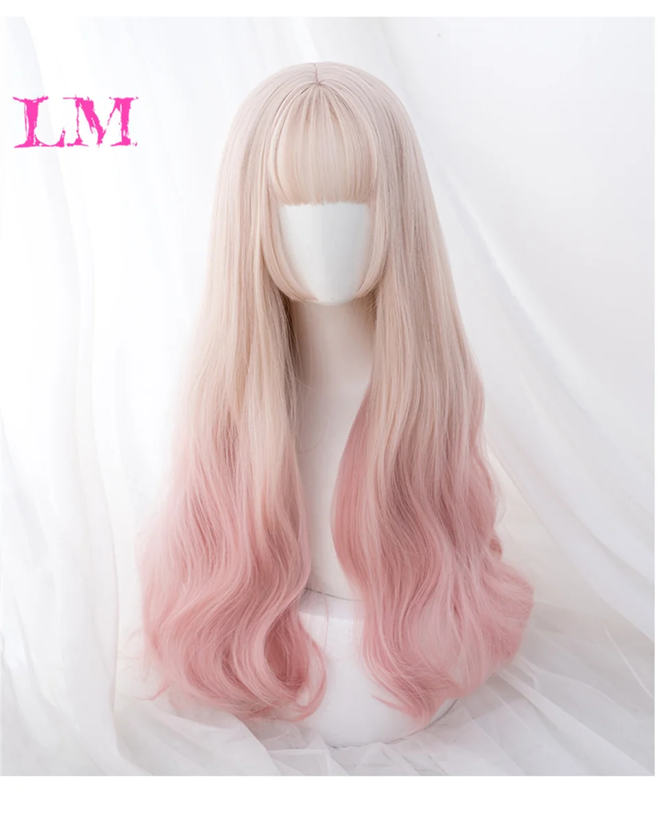 LM Blonde Unicorn Synthetic Ombre Mixed Pink Blond Long Wavy Wigs with Bangs Cosplay Party UseHeat Resistant Fiber for Women