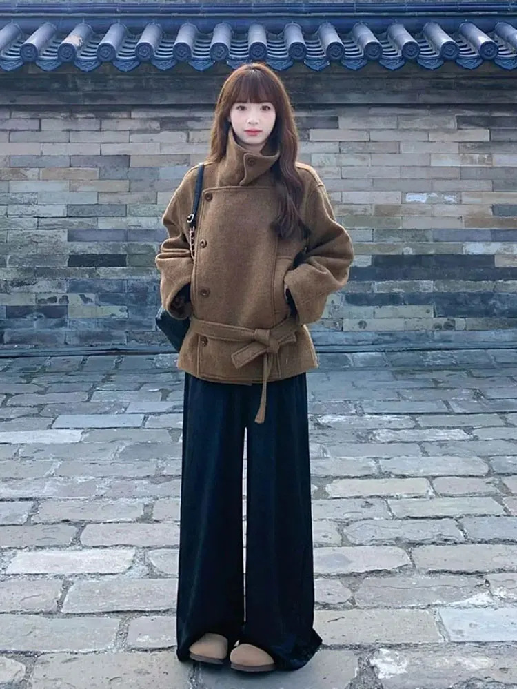 

Stylish Short Woolen Coat Korean Version Loose Fit with Belt Pockets And Buttons High Collar Fashionable Spring Autumn Outerwear
