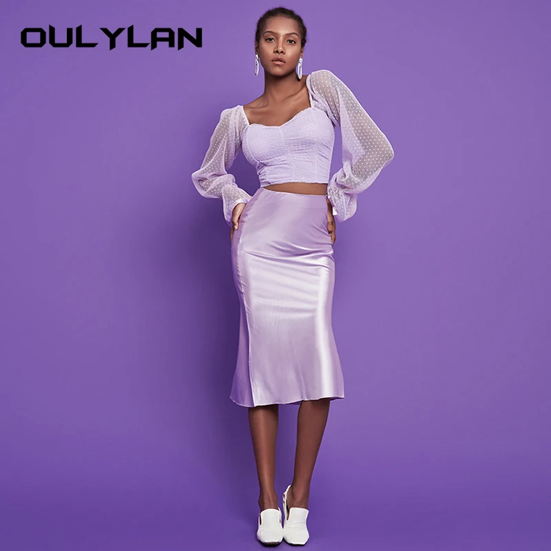 Elegant Dress Satin with Zipper Mid-Length Solid Color Smooth Washable Going Out Clothing A-Line Skirt Women High Waist