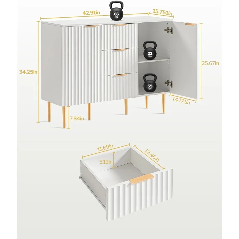 Storage Cabinet with 3 Drawers, Glossy Fluted with Adjustable Shelves, Accent Cabinet Console Table,Living Room(2 Pieces)