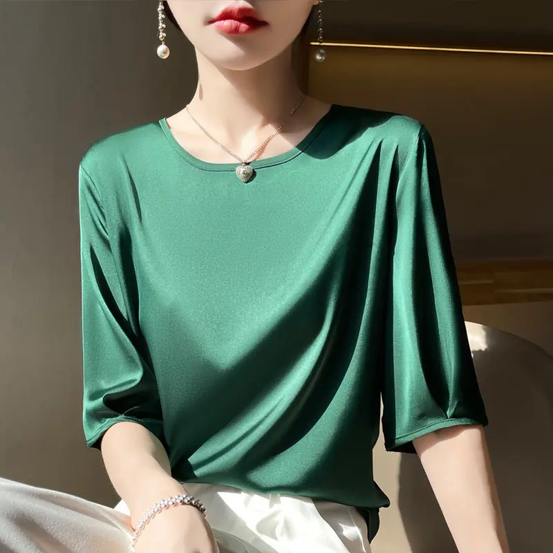 

Knitted satin T-shirt 2024 Women's Spring/Summer New Fashion Business Light and Thin Silk Smooth Short Sleeves