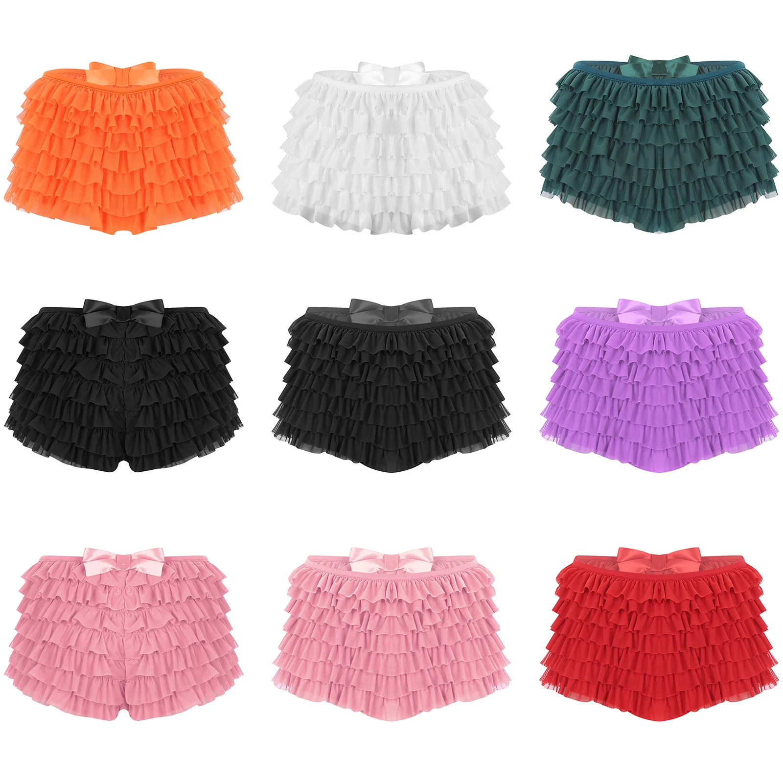 Womens Sexy Ruffled Hot Pants Elastic Waist Tiered Mesh Panties Bottoms Solid Underwear Nightwear Clubwear for Rave Dance Party