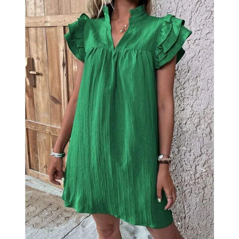 

Womens Dress 2024 Summer New Fashion Versatile Multi Layered Ruffle Sleeve V-neck Pullover Dress Green Solid Mini A-Line Dresses