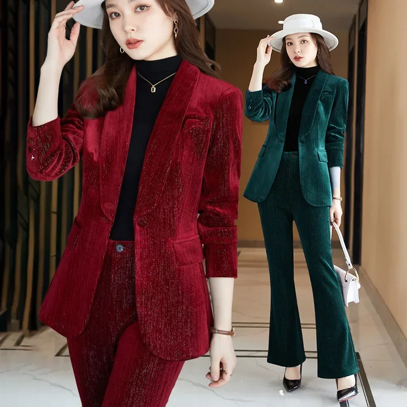 Shiny Velvet Women Suit Set 2 Piece Blazer+Pants Female Spring Office Lady Business Work Wear Coat High Quality Prom Dress