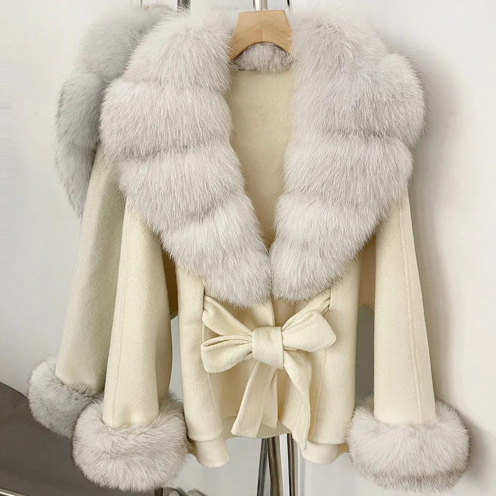 OFTBUY Luxuriöser Echtfuchs-Pelzkragen Wollmantel für Damen Neue Herbst-Winter-Kleidung mit Natürlichem Pelzgürtel 100% Wollmantel für Frauen – Detail 33