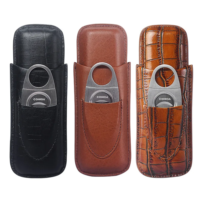 Travel Leather Cigar Humidor Handmade Super Cigar Tube Cover with Cigar Cutter Set