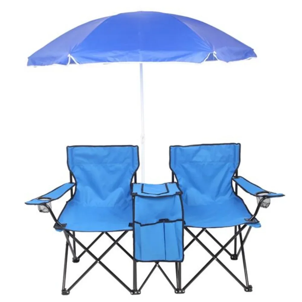 Portable Outdoor Beach Fishing 2 Seater Folding Chair with Detachable Sun Umbrella Blue Made of Steel Tube and Oxford Materials