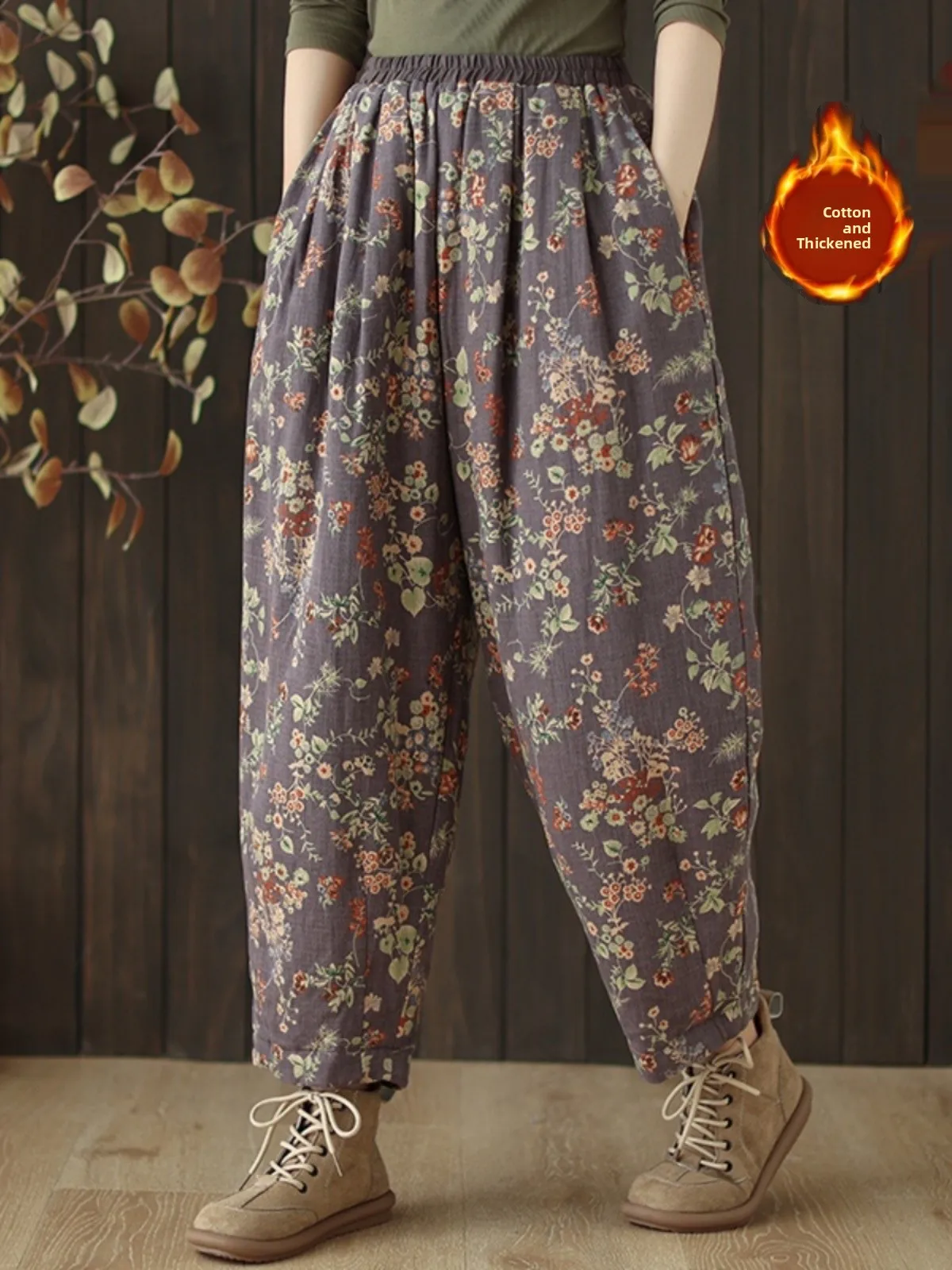 

Retro Floral Loose Cotton Pants Women's Wide Leg Trousers Casual Comfortable plus Size Cotton Jeans with Pocket Thickened Win...