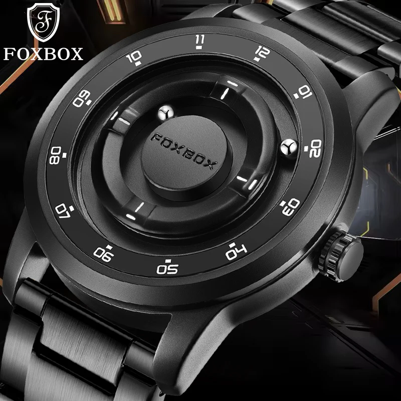

FOXBOX New Luxury Scrolling Pointer Magnetic Force Men's Watches Black Stainless Steel Quartz Watch Men Waterproof Chronograph