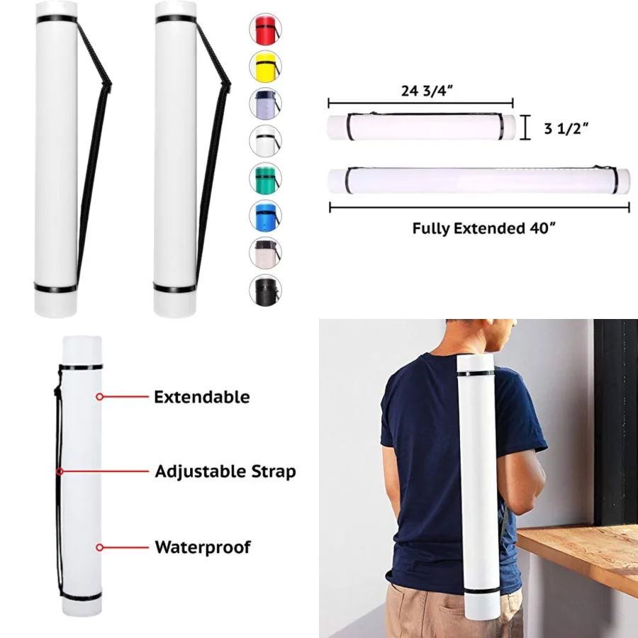 

2-Pack Expandable Poster Tube with Strap - White Storage Tubes 24.75" to 40" with Caps and Labels - Use for Blueprint Document