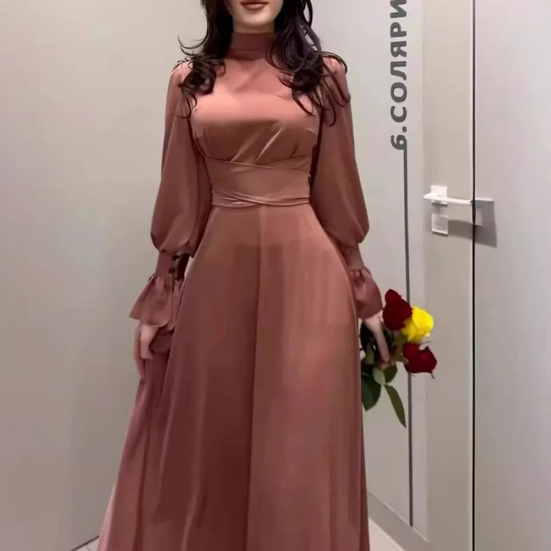 2025 ฤดูใบไม้ร่วงซาตินผู้หญิงชุดยาวสีดําชุดราตรี Lace Up โคมไฟ Elegant หญิงใหม่แฟชั่นพรรค Vestidos สุภาพสตรี