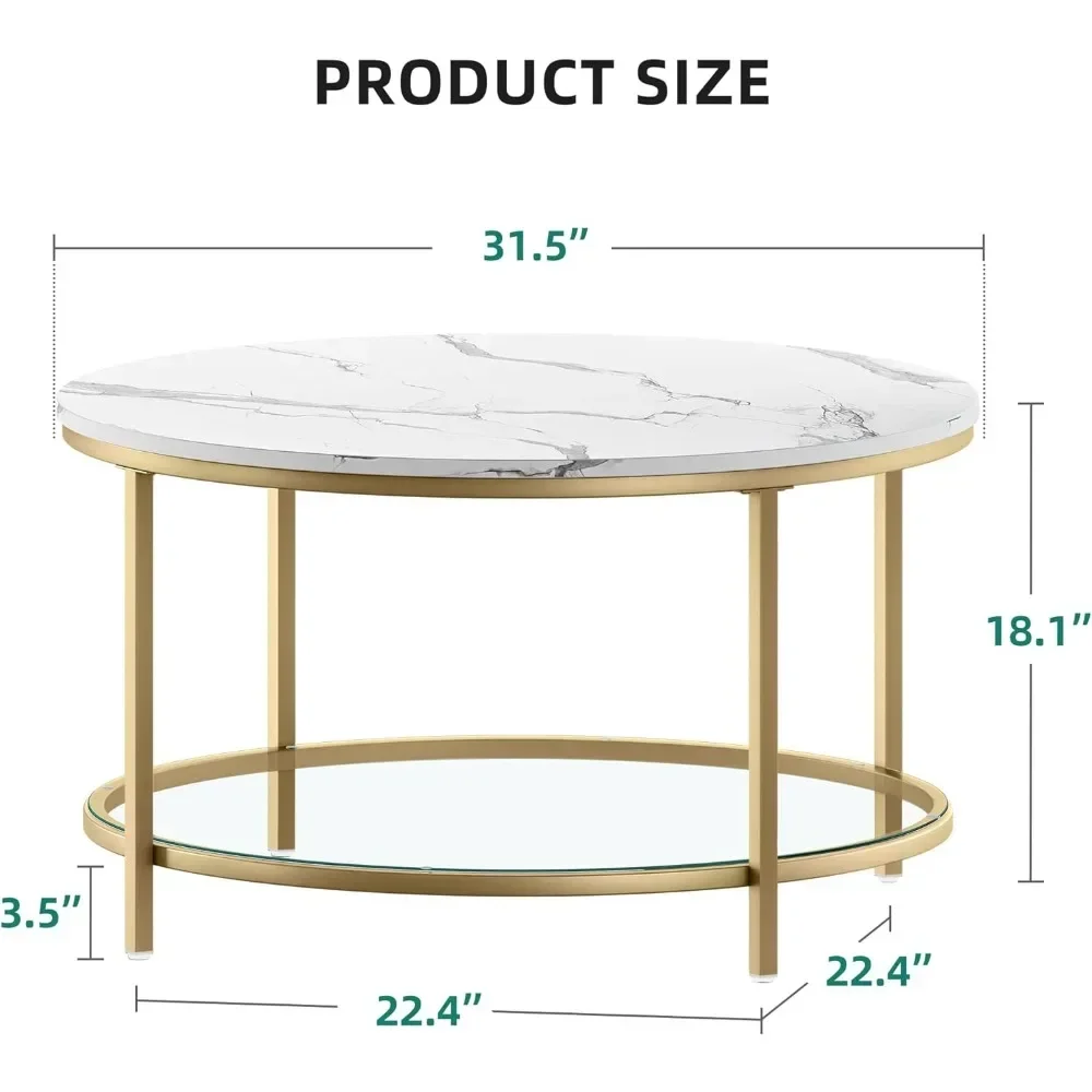 XMSJ Coffee Table Marble Glass Round,2 Tiers Round Coffee Table with Storage Transparent Coffee Table,simple and Modern,white