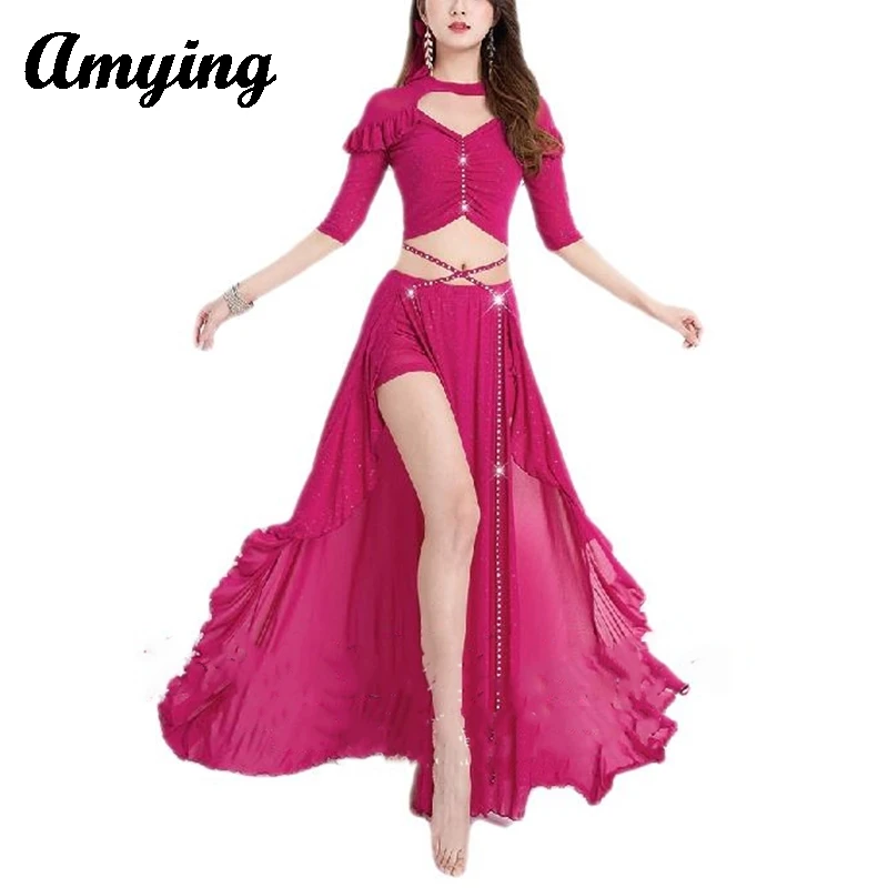 Fato de dança do ventre feminino, fato de treino, roupa de dança oriental, top elegante, vestido longo, faixa de cabelo, 3 peças, 2024