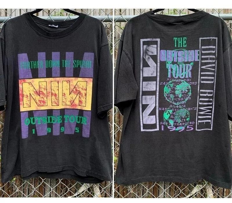 1995 Nine Inch Nails David Bowie The Outside Tour 2 Side Preto Camiseta Unissex Manga Curta Homens Mulheres Verão Crew Neck Camiseta de Algodão