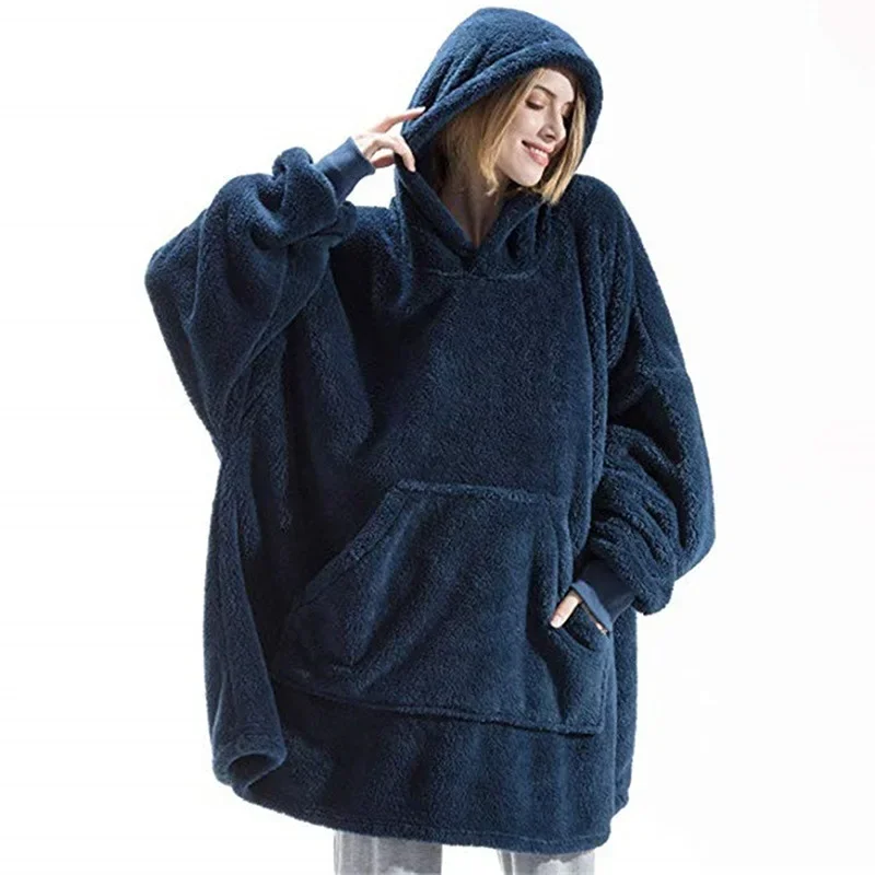 Winter Fleece Hoodie Blanket Oversize Women Double-faced Large Pocket Warm Couple Women Men Robe Loose Sleepwear Pajamas