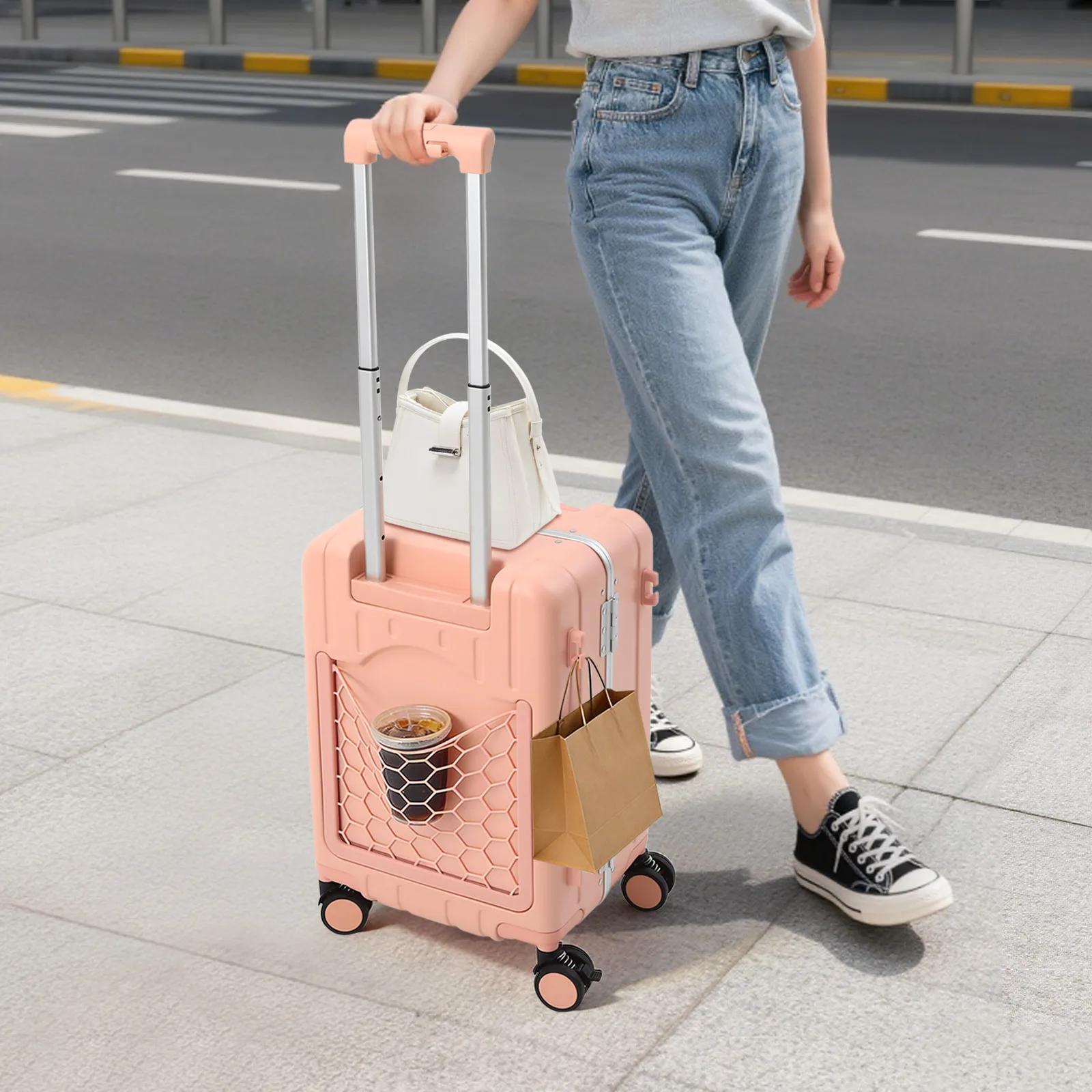 

Pink, 20'' Suitcase with Wheels & TSA Lock, Double Handle Carry On Luggage, Rolling Luggage Case, for Family Trips, Long Journey