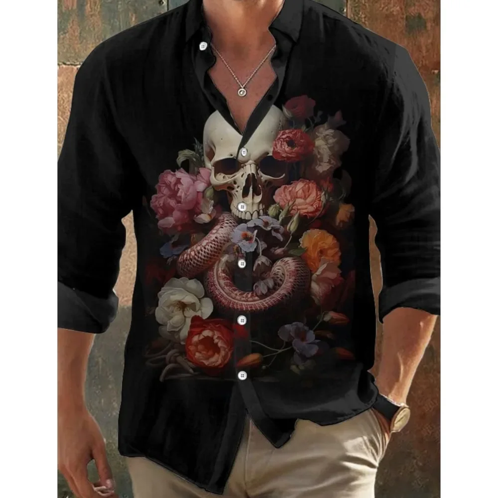 قمصان رجالية جديدة كلاسيكية داكنة ثلاثية الأبعاد مطبوعة بأكمام طويلة-طبعات جمجمة سوداء بقصة عادية، ياقة طية صدر السترة، ملابس شارع من مزيج البوليستر