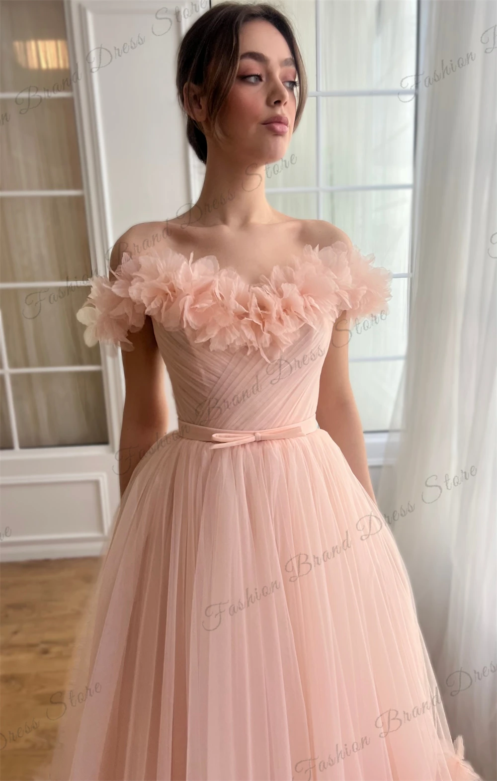 Tulle Off-the-shoulder Strapless 3D Flower Cocktail Dresses Pleated Corset Graduation Gowns A-Line Tea-length Homecoming Gowns