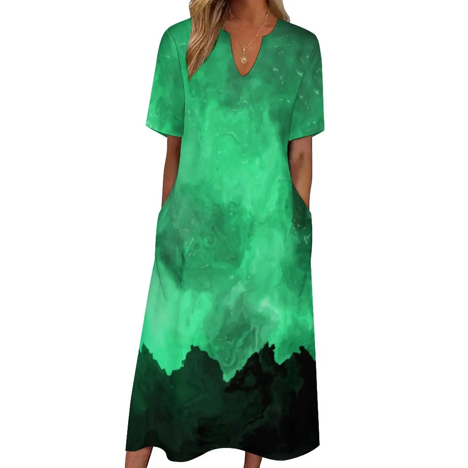 Green Mountain Dress Abstract Marble Print Sexy Maxi Dress Aesthetic Boho Beach Long Dresses V Neck Graphic Big Size Vestido