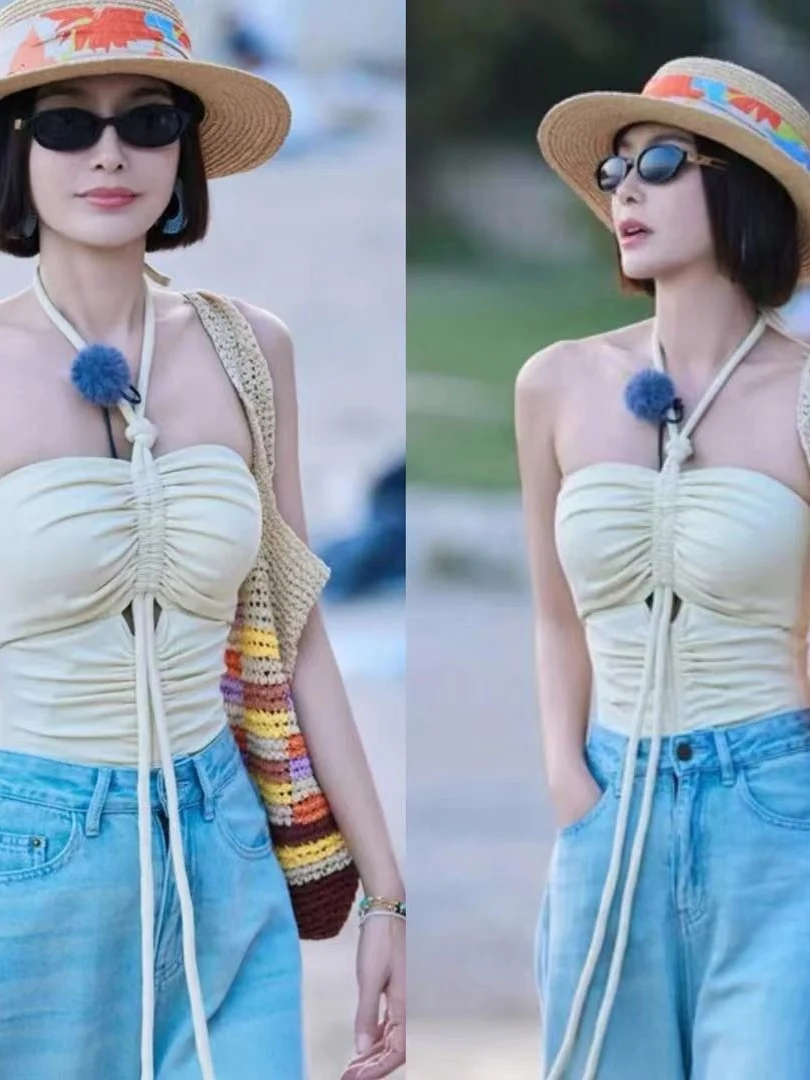 

Tan Strapless Short Crop Top Women's Summer Beach Vacation Slim Fit Tube Top Sexy Beachwear Kaftan Style Knitted Vest by Tagkita