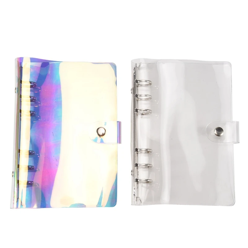 2 Pcs A6 6-Ring Rainbow Clear PVC Binder Cover Refillable Notebook Binder Protector Loose Leaf Planner Binder Cover Multicolor