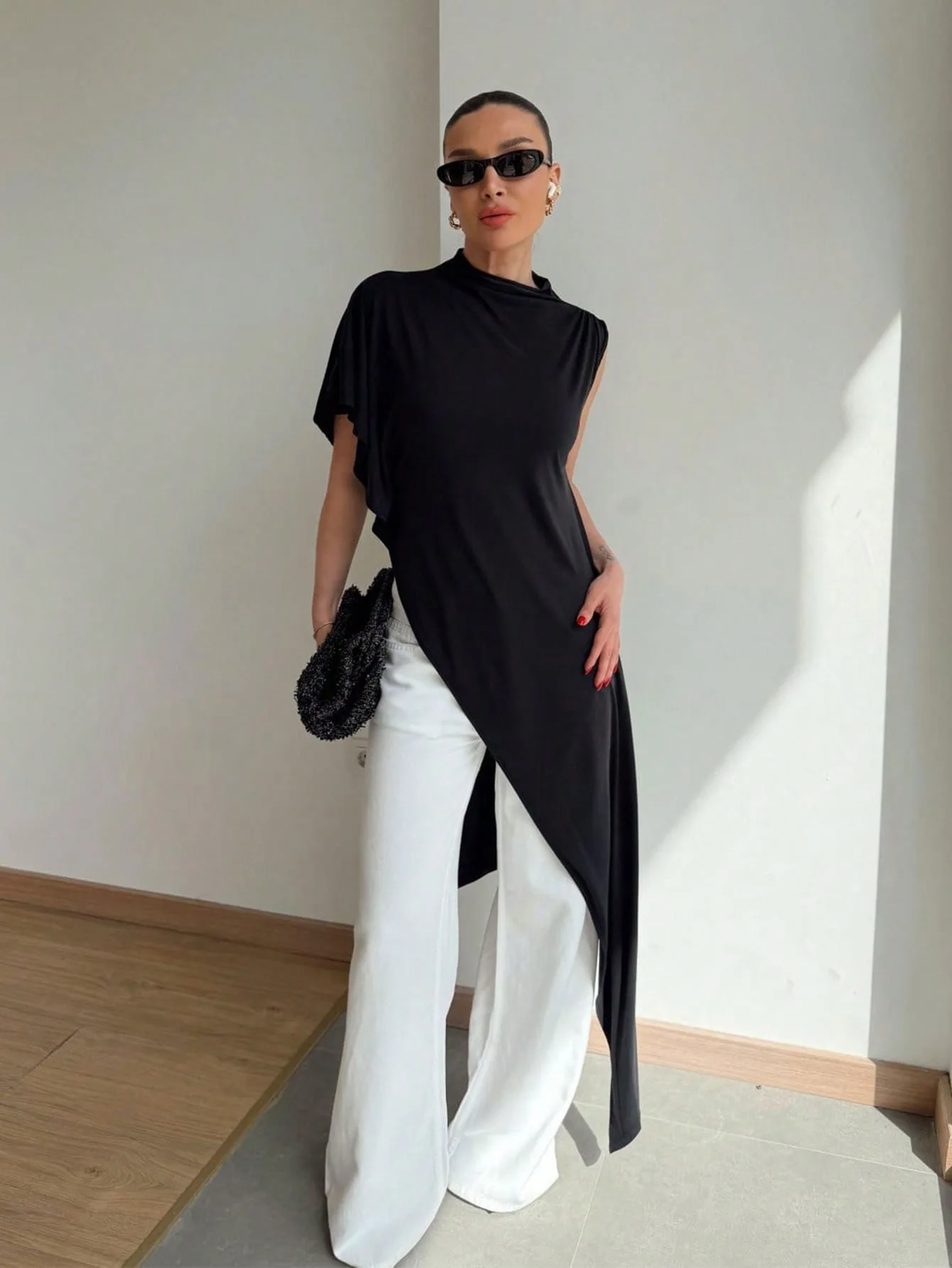 Vintage Asymmetric Draped Top Women Elegant Mock Neck Sleeveless Shirt Casual Loose High Slit Long Blouse Retro Tops Blusa