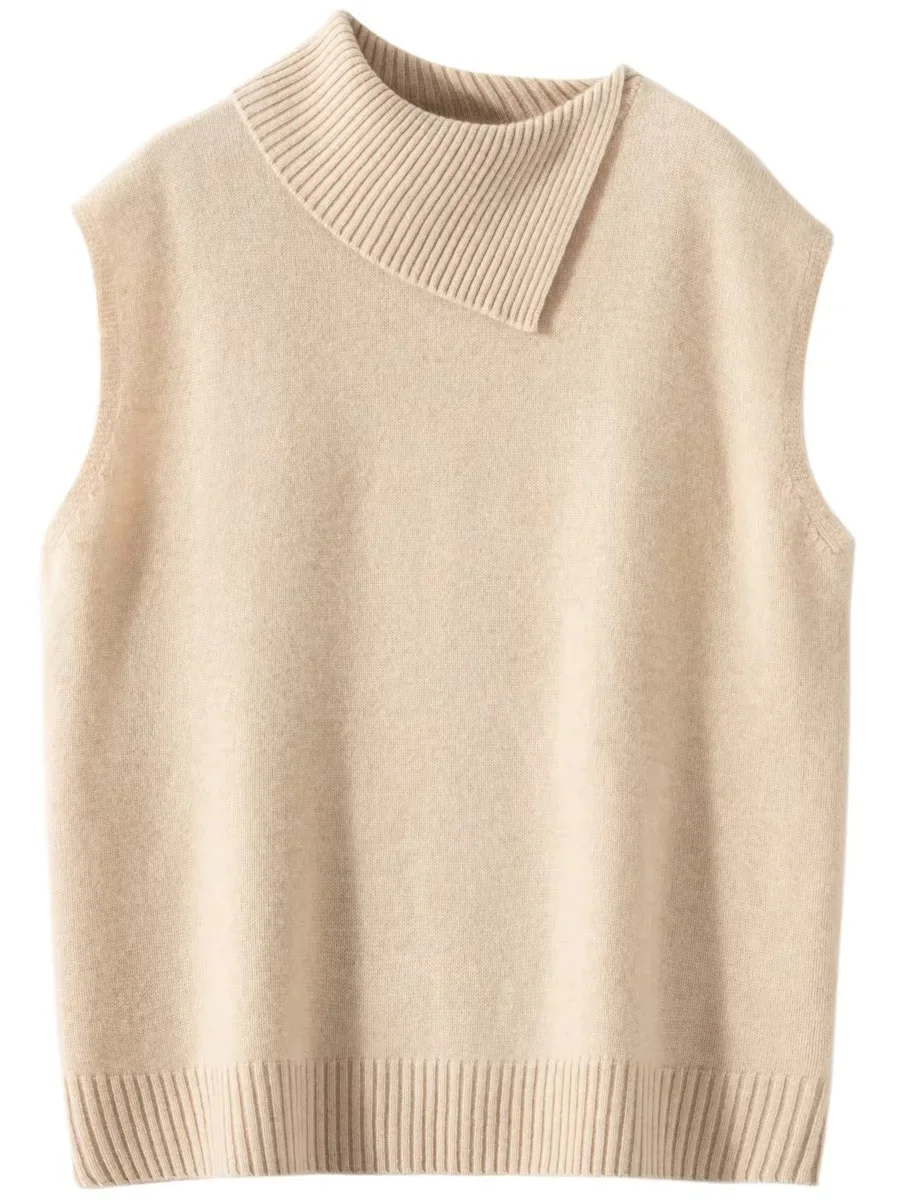 Chic Women Sweater Vest Pullover Autumn Winter Waistcoat 100% Cashmere Vest Sleeveless Clothes Asymmetry Lapel Warm Layering Top