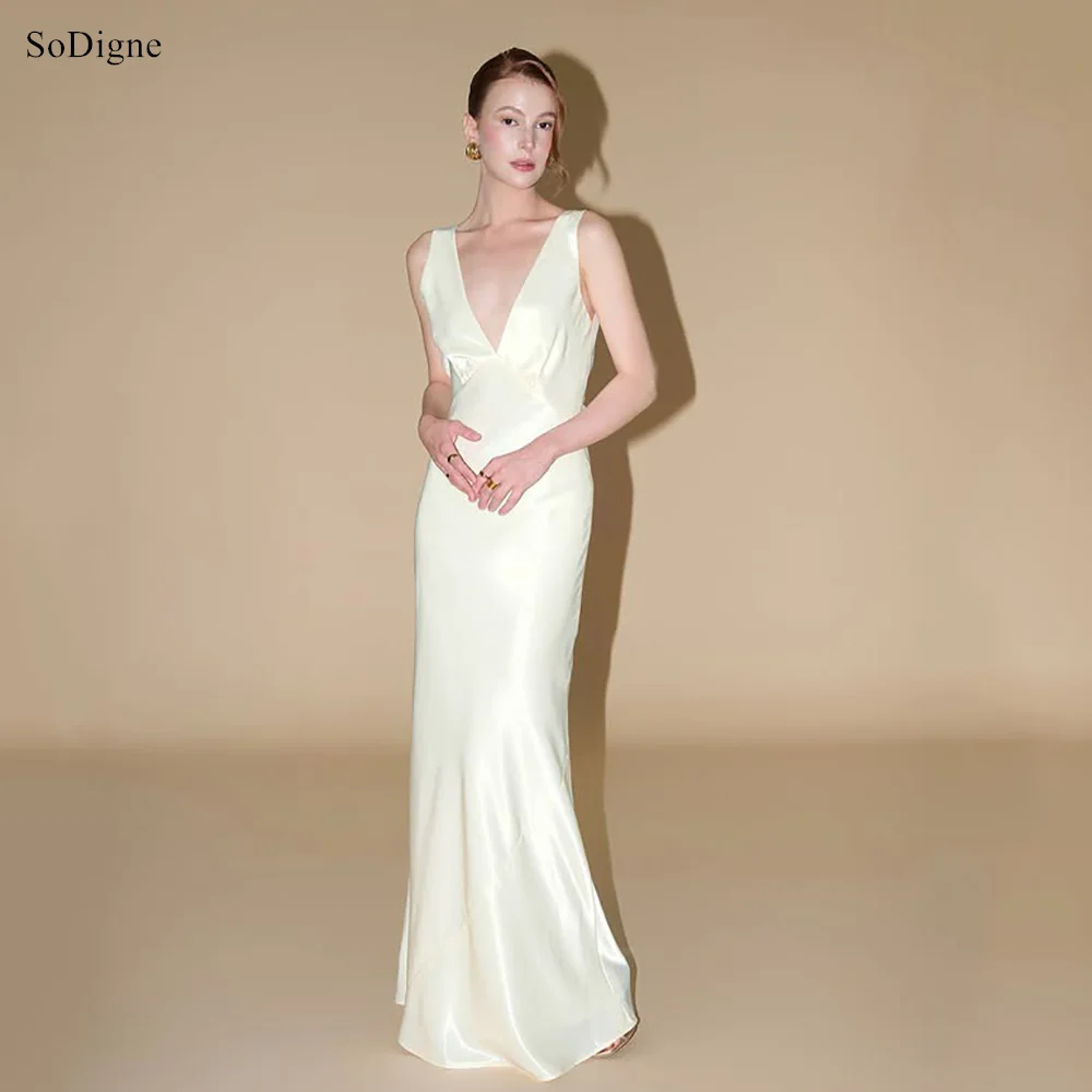 

SoDigne Elegant Mermaid Satin Evening Dresses V-Neck Backless Party Dress Maxi Bodycon Formal Occasion Prom Gowns Customized