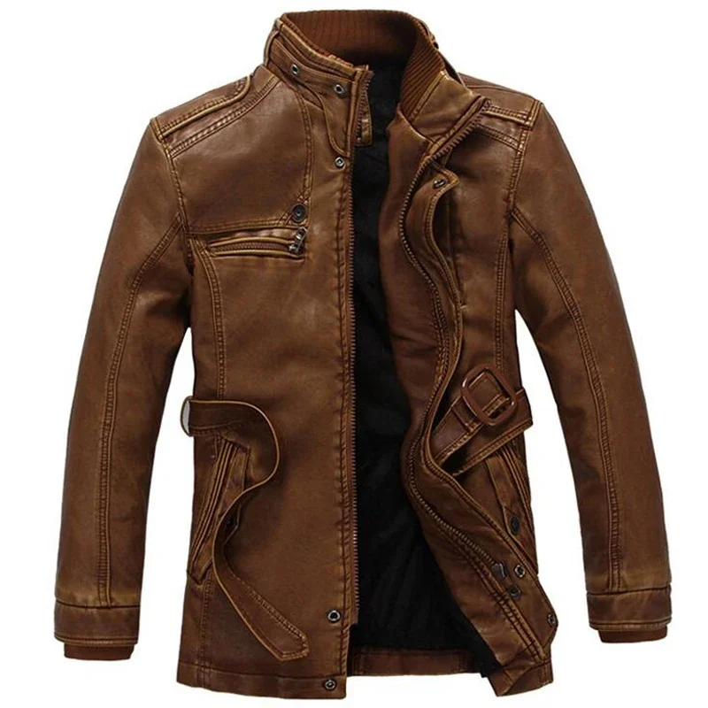 Winter Men Leather Jacket Casual Windproof Thicken Fleece Warm Motorcycle Jackets Plus Size 5XL 6XL Fashion Long Coats Chaqueta