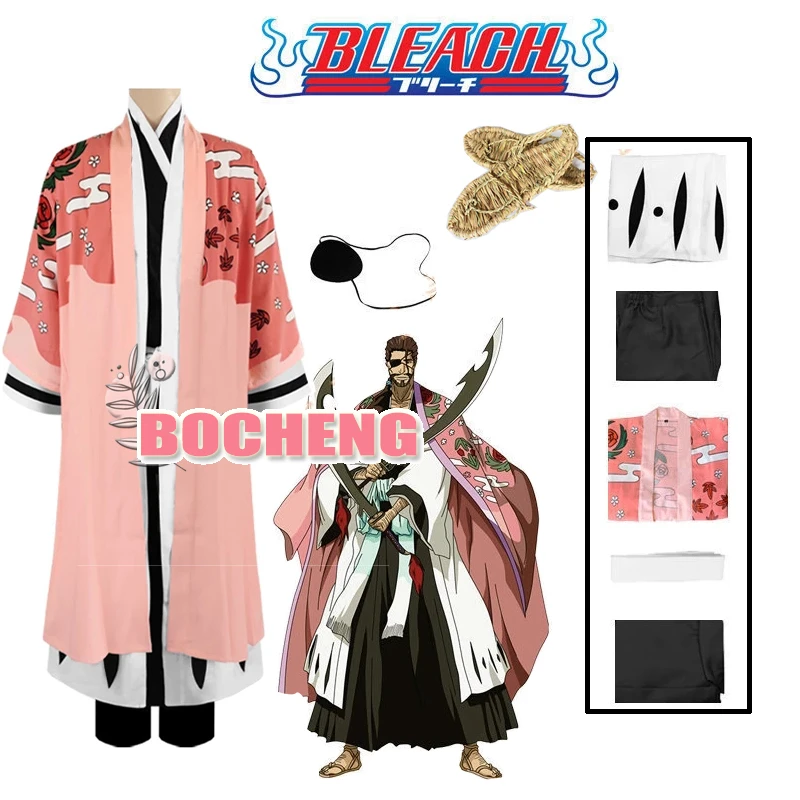 Anime Bleach Kyoraku Shunsui Cosplay Costume Thousand-Year Blood War Pink Kimono Black Shinigami Attire Outfit  Cloak Shoes Set