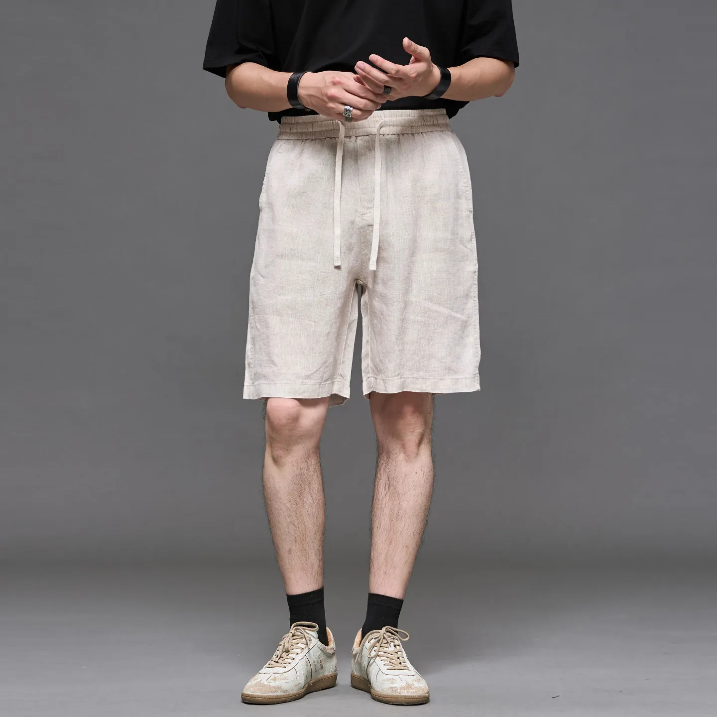 High Quality Linen Japanese-Style Retro Jute Color New Chinese Style Old Money Men's All-Match Five Points Straight Shorts