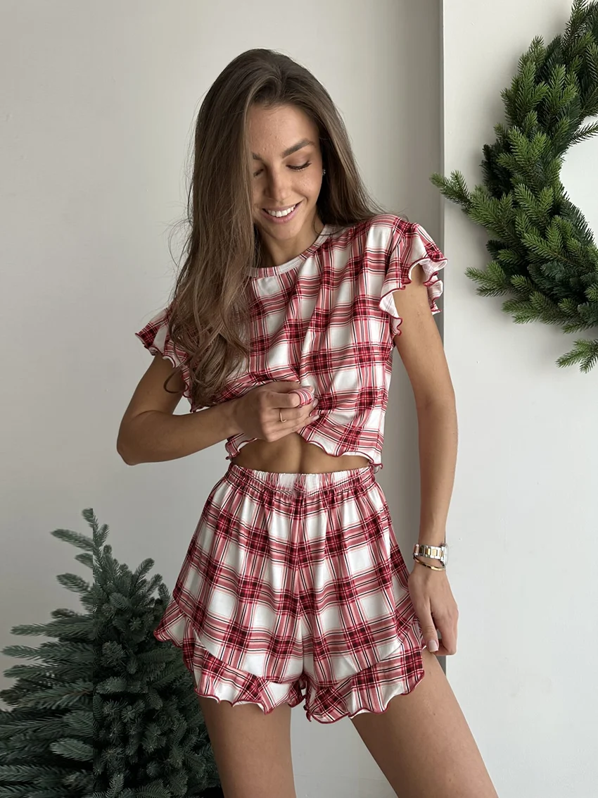 

Marthaqiqi Causal Women'S Sleepwear Set O-Neck Pajamas Crop Top Nightgowns Short Sleeve Nightie Shorts Plaid Ladies Home Clothes