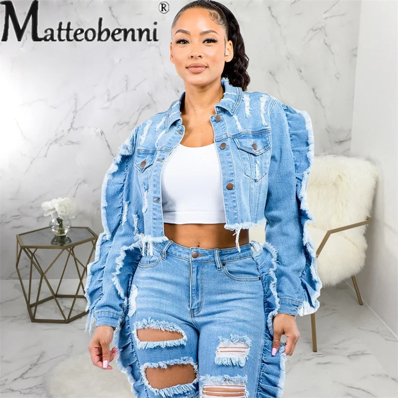 

Fashion Splicing Broken Holes Short Section Jacket 2023 Women's Button Cardigan Long Sleeves Lapel Neck Denim Coat Trend Female