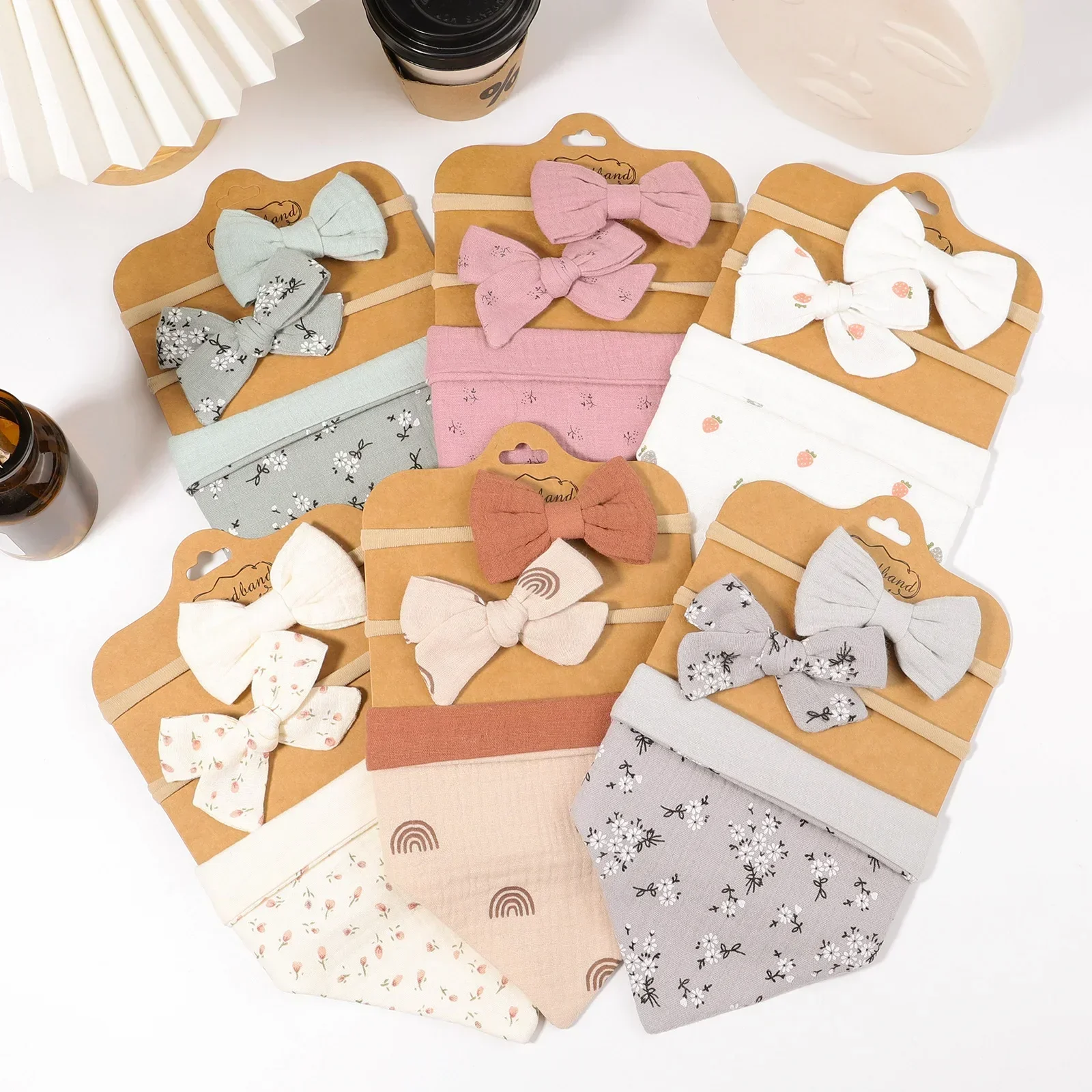 

3Pcs/Set Baby Bibs Muslin Cotton Newborn Bows Headband Triangle Saliva Towel Infant Boy Girl Feeding Burp Cloth Kids Accessories