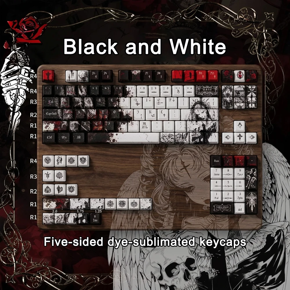 124 Keys PBT Keycaps Cherry Profile Black White Five-sided Dye Sublimation Gaming Mechanical Keyboard Keycap Set For MX Switches
