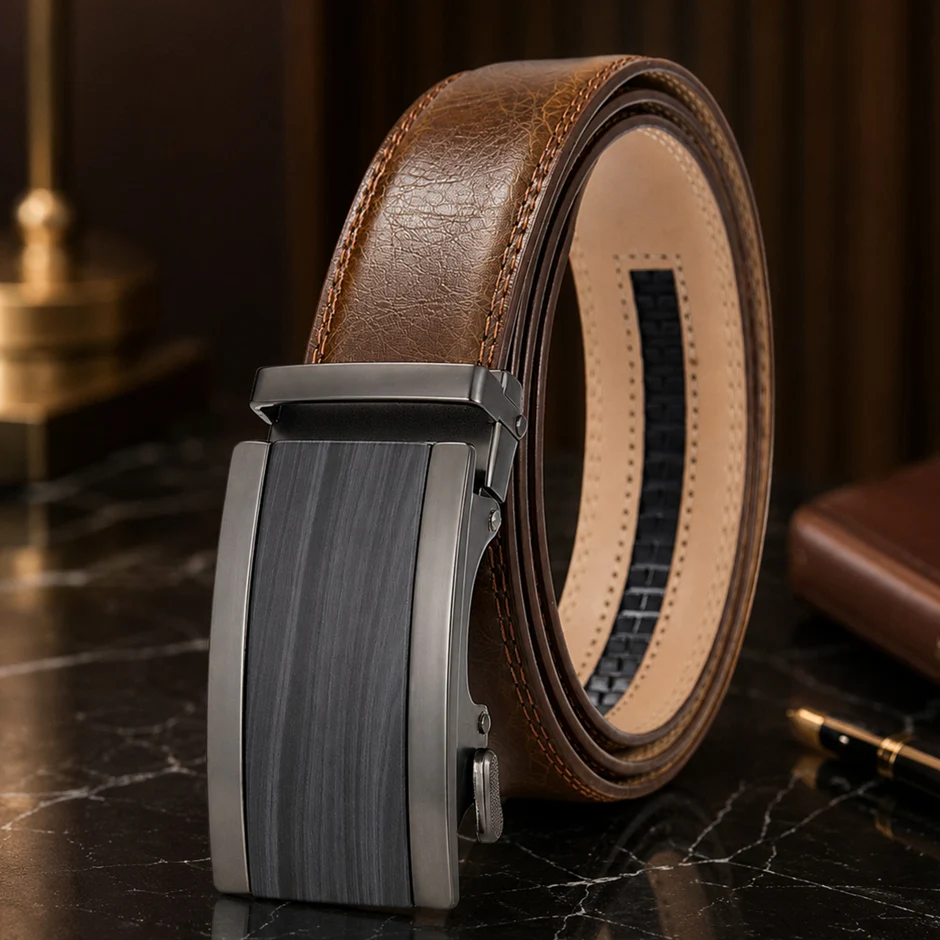 Luxury Tan Brown Men Belt Automatic Buckle Fashion Business Genuine Leather Belts for Men Designer High Quality Belts Male B1215