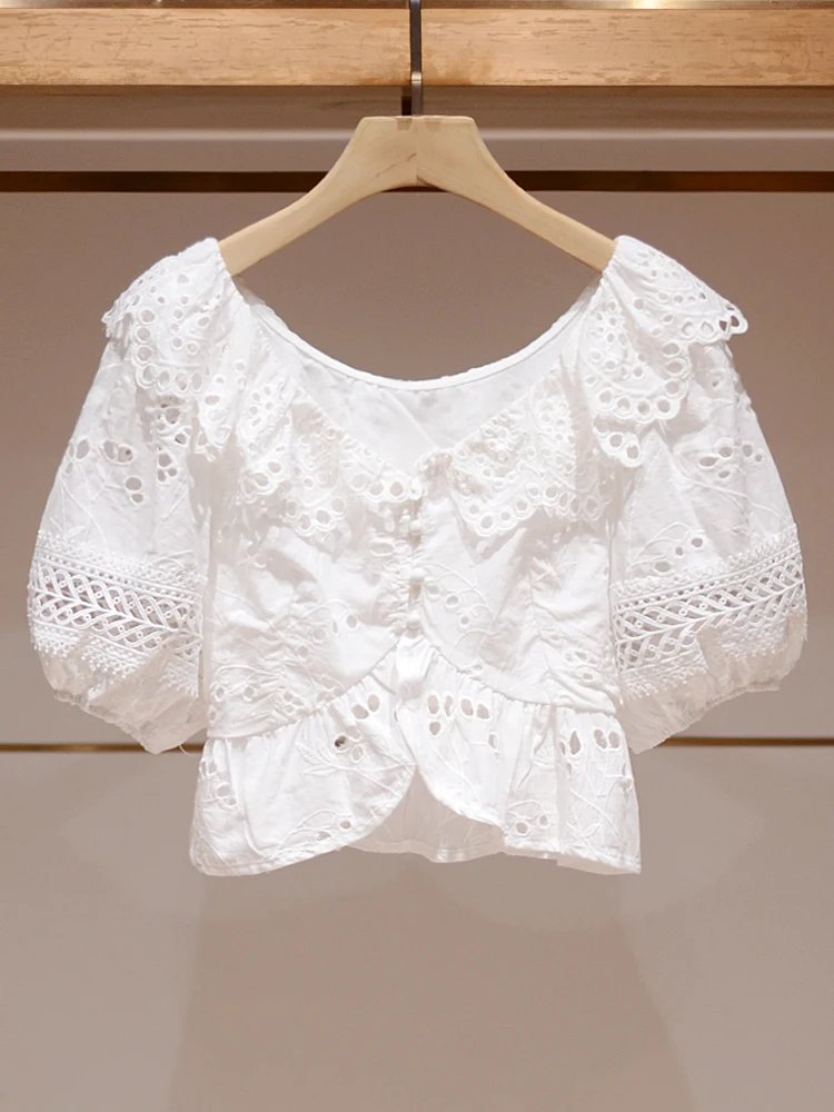 

Ele White Hollow out Bubble Sve Blouse with Lace Trim One oulder Design Commute Sle High Waist JOOva Ladies irt