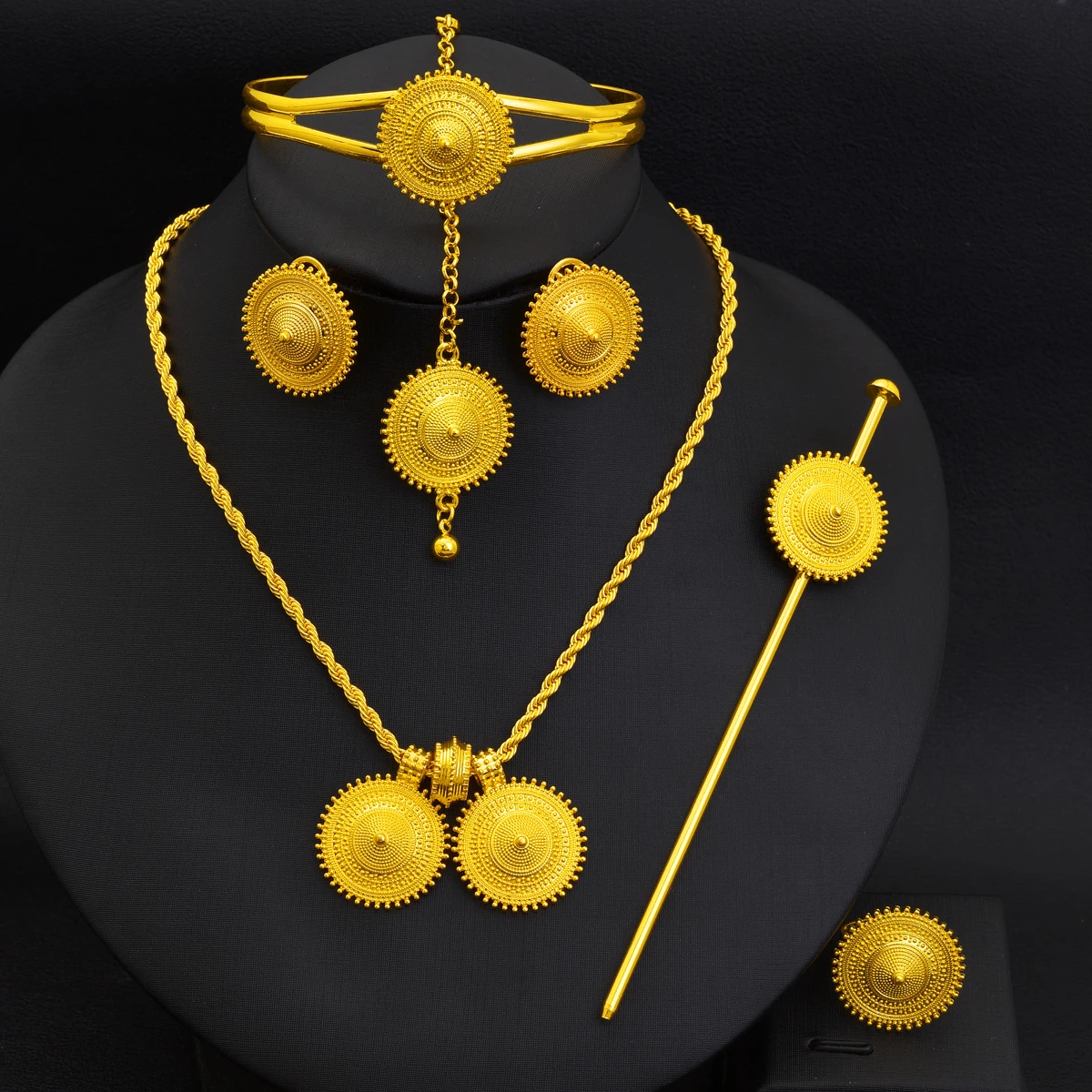 Ethiopian Jewelry Set Pendant Earrings Ring Hairpin Head Chain Bangle 6-Piece Sets African Eritrean Wedding Engagement Gift #108