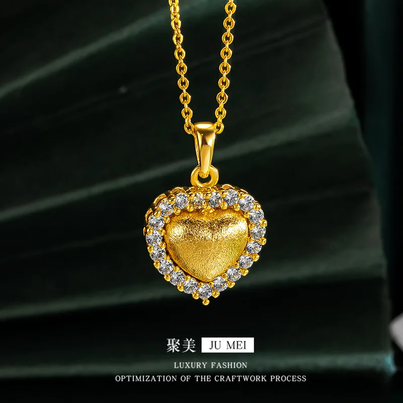 

Luxury 24K 9999 Pure Gold real gold Women's Diamond-encrusted Love Pendant Three-dimensional Peach Heart Pendant Necklace