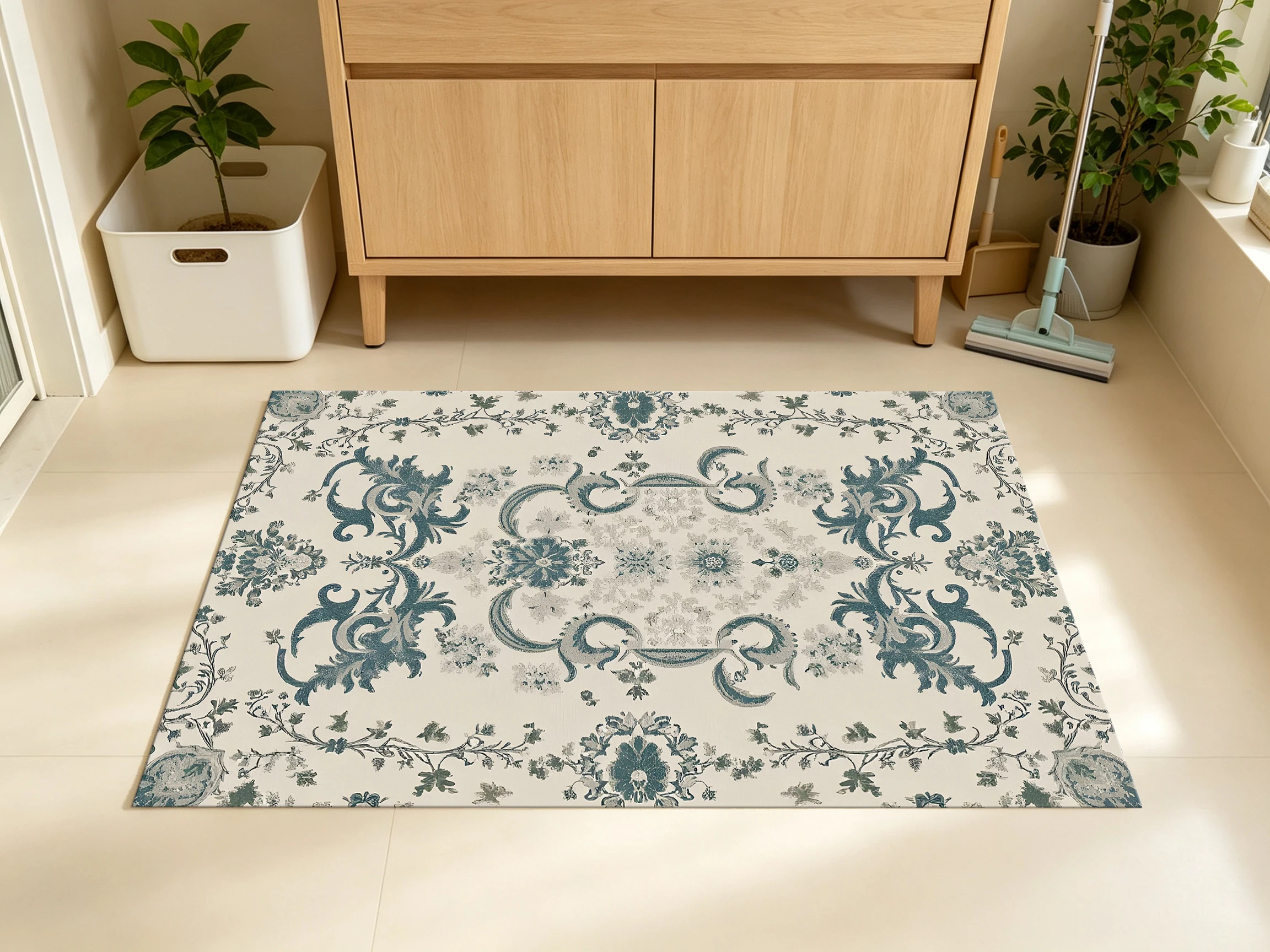 2D European Retro Pattern Rug in Beige & Light Blue Undertones, Soft to the Touch, for Living Rooms & Bedrooms, Enhancing the Ambiance