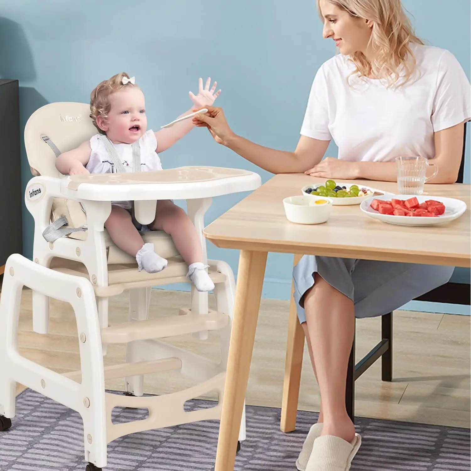 

5 in 1 Baby High Chair, Convertible Toddler Table Chair Set, Rocking Chair, Multi-Function Seat with Lockable Universal Wheels