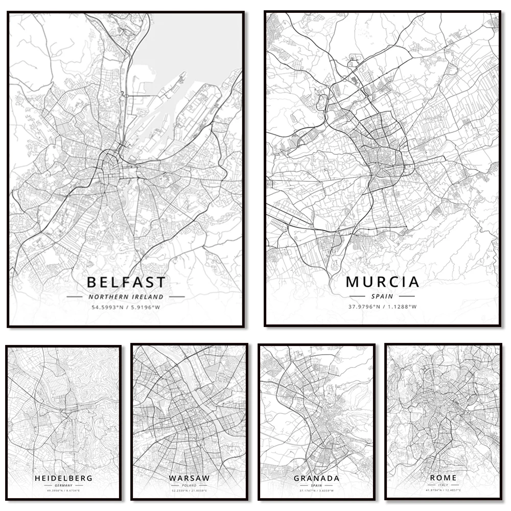 Belfast, Northern Ireland, Rome, Italy, Spain, Porto, Canada, Murcia, Spain, Chemnitz, Karlsruhe, Heidelberg, Germany map poster