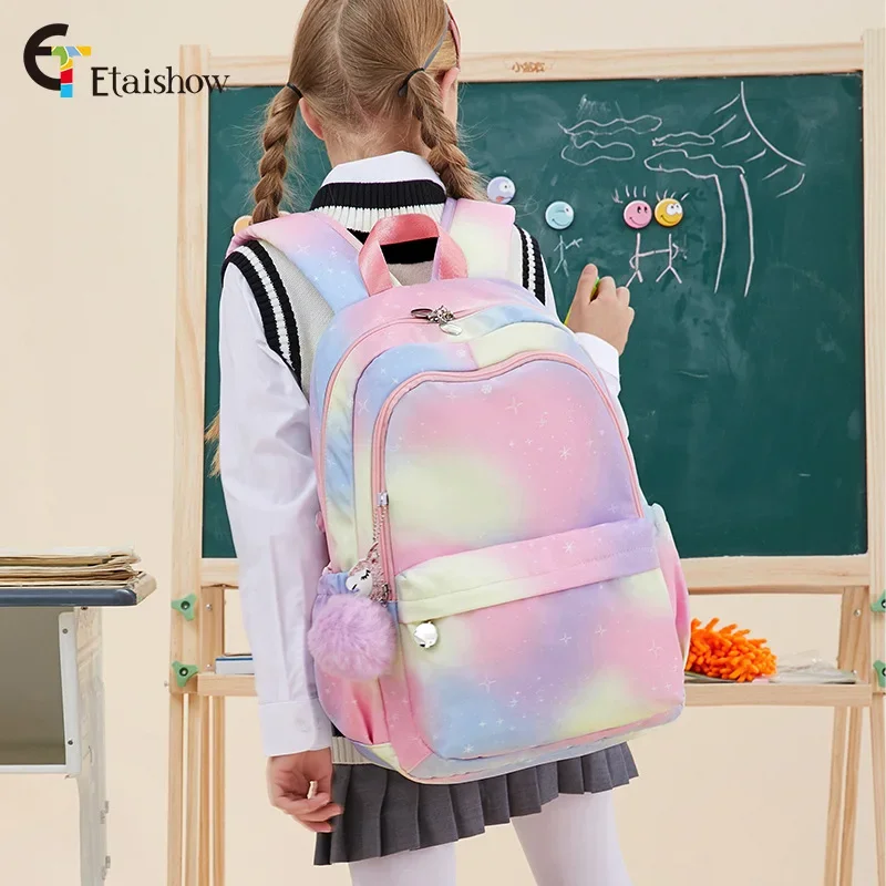 Gradual change color rainbow print backpack student bag lightweight waterproof large capacity backpack