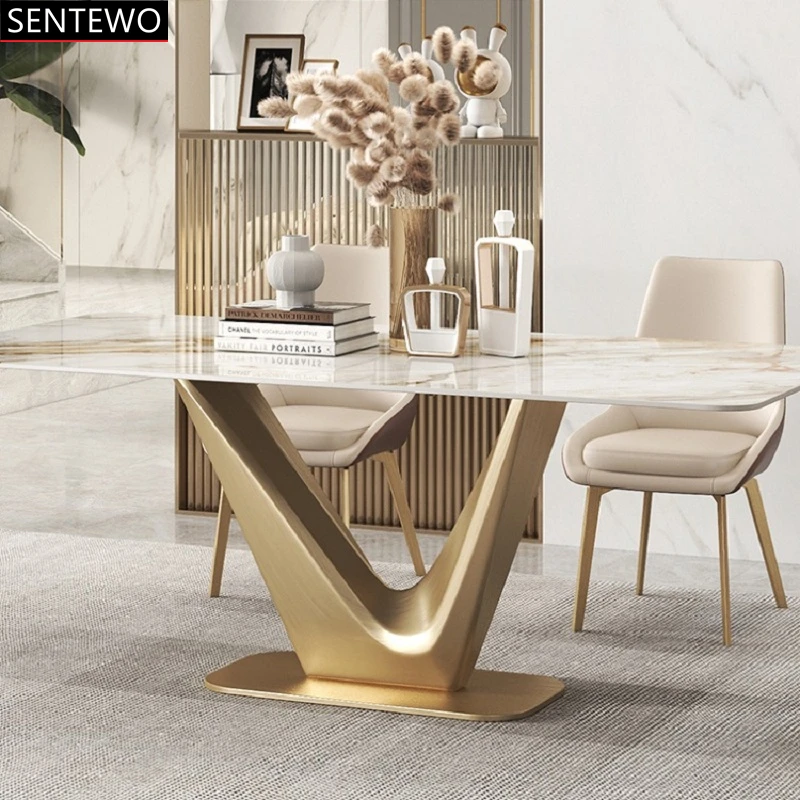 Luxury  Rock Slab dining table 6 chairs set Stainless steel gold leg frame Faux Marble table kitchen furniture basse luxe chaise