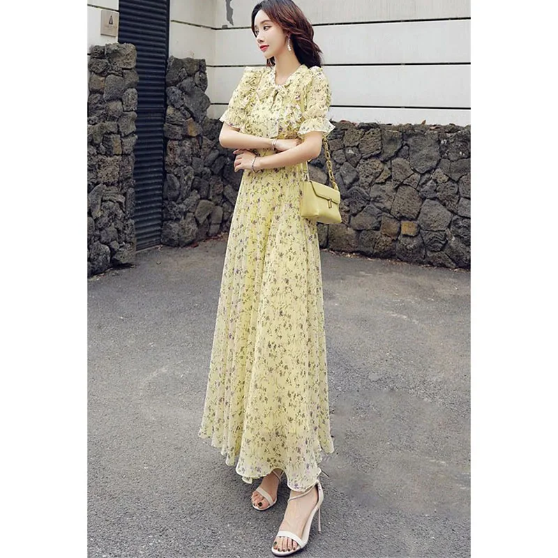 

Женское модное платье больших размеров 4XL, французский стиль, с короткими рукавами, шифоновое, весна-лето, с цветочным принтом, длинное, расклешенное